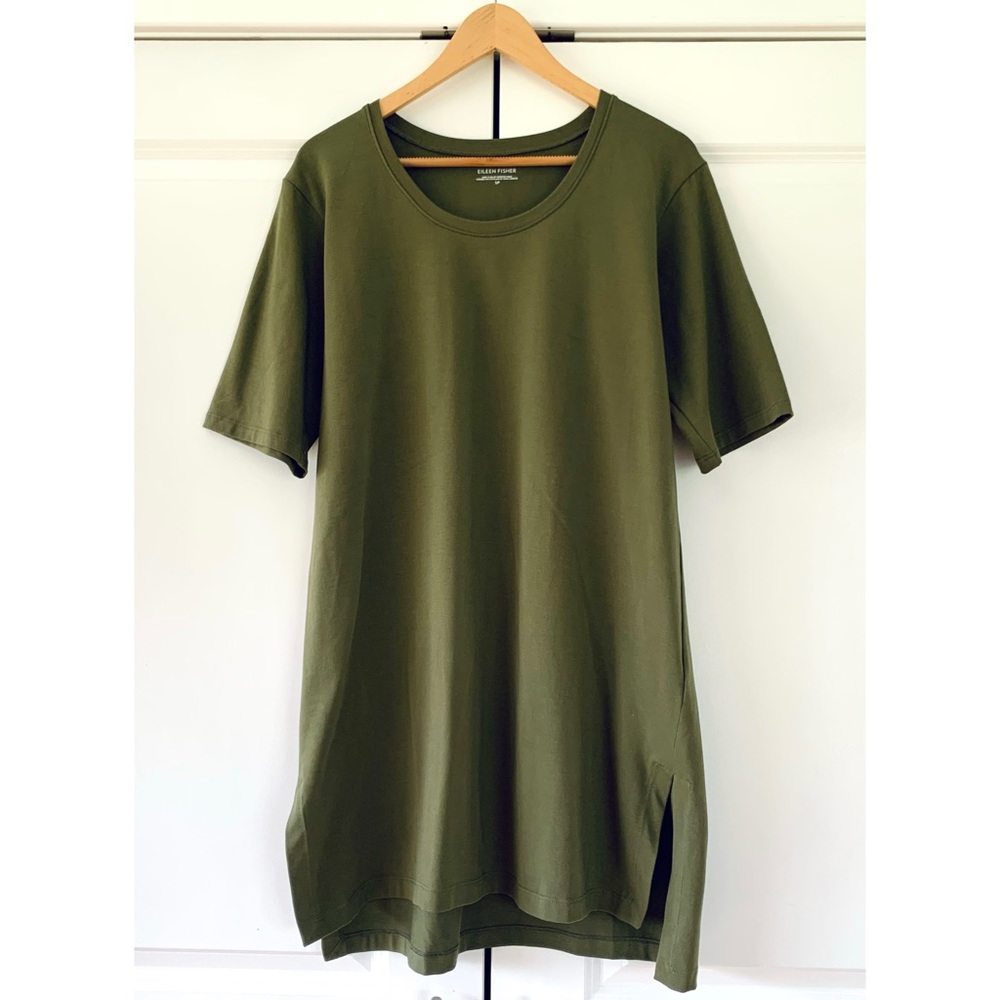 Eileen Fisher Dress Tunic Shift Green Short Sleeved Jersey Organic Cotton Small